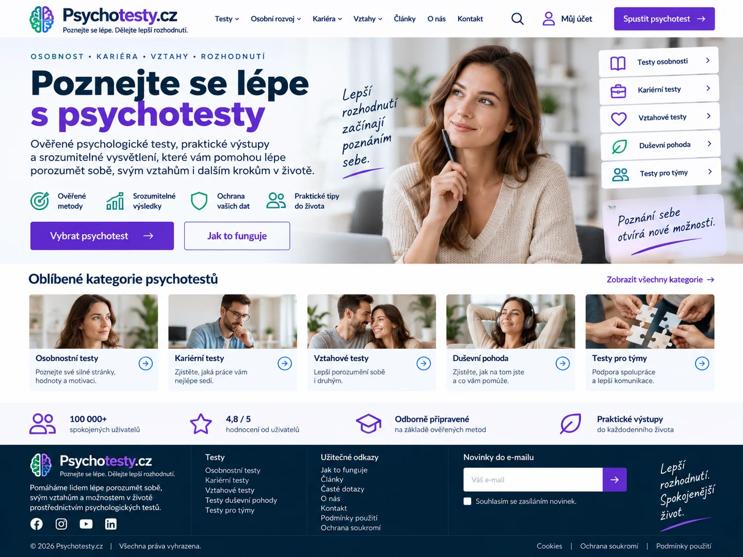 Ilustrační návrh modro-fialového webu pro psychologické testy a orientační výsledky